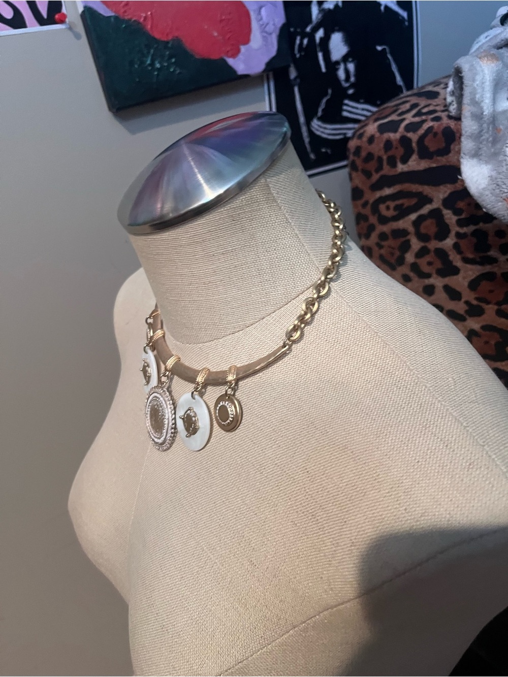 Gold-Tone Coin Pendant Choker Necklace with White Shell Discs - Picture 4 of 5